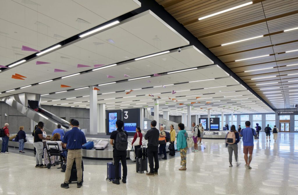 Delayed flight passengers in airport terminal